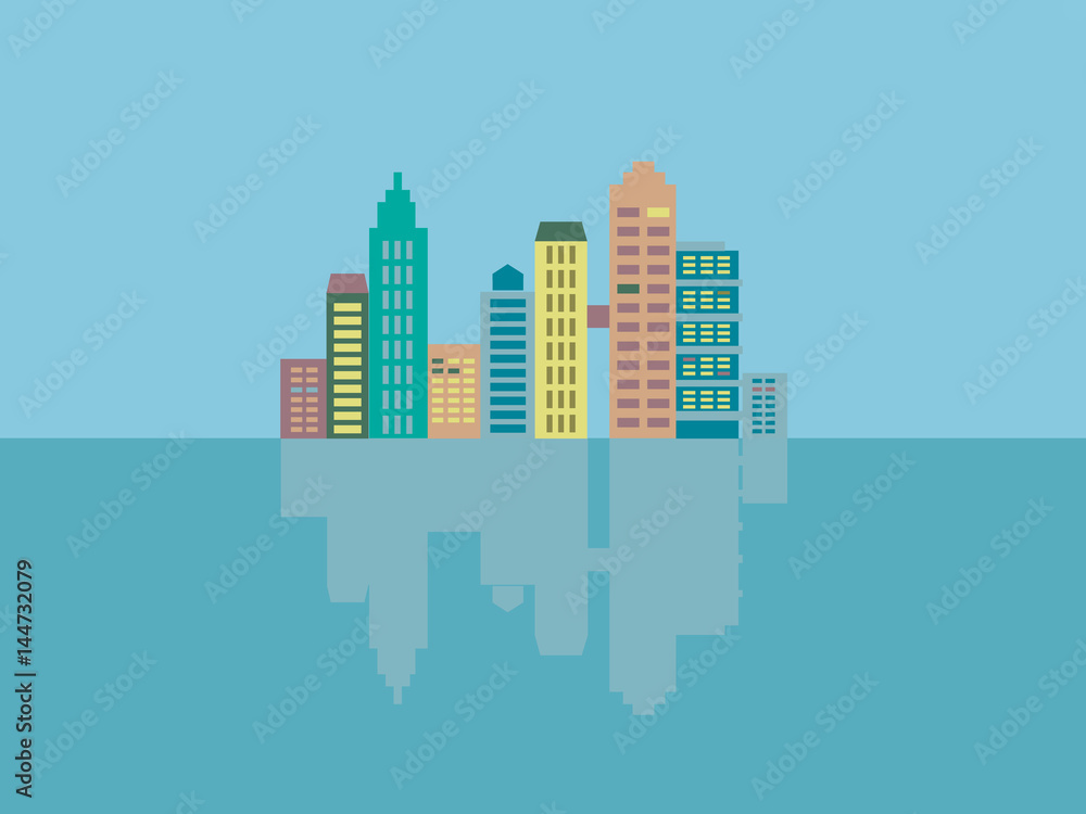 Megapolis cityscape with buildings, skyscrapers and reflection