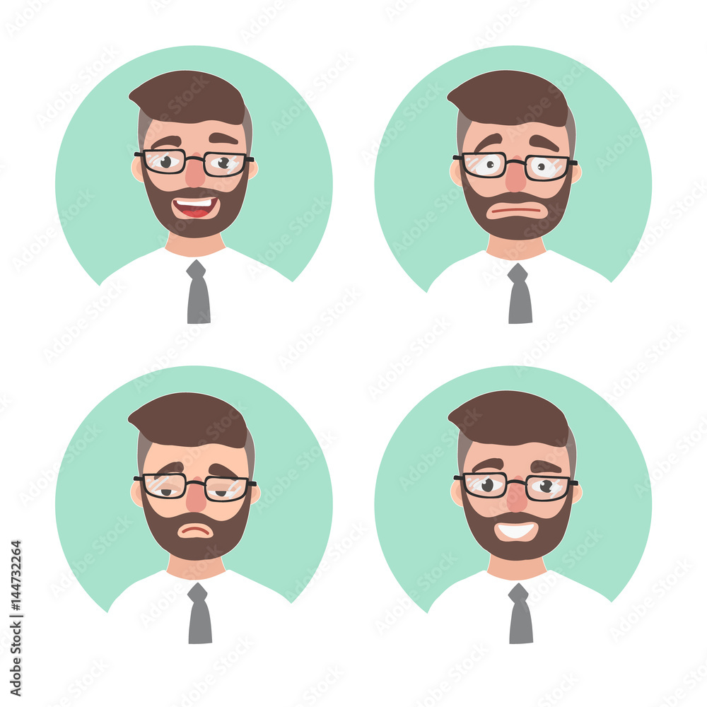Set of young hipster man emotions. office worker portrait emotions avatars. Illustration businessman showing different facial expressions emotions cartoon vector. Variety of emotions. Set of young hipster man emotions. office worker portrait emotions avatars. Illustration businessman showing different facial expressions emotions cartoon vector. Variety of emotions.