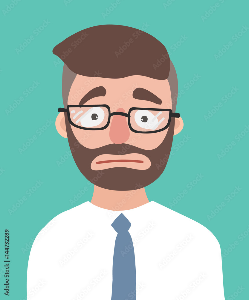 A frightened young hipster man with the beard vector flat design illustration isolated on aquamarine background. office worker. Embarrassment emotion businessman with glasses