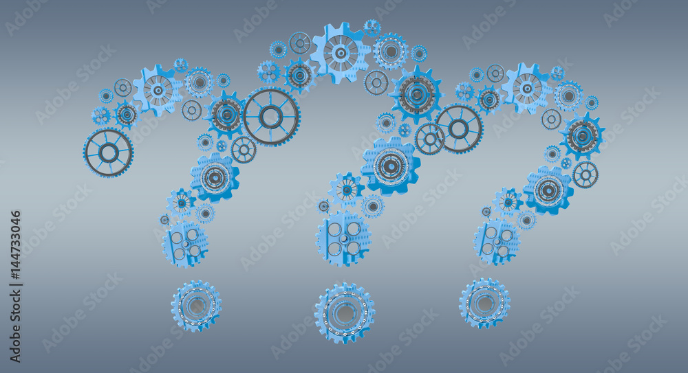3D rendering gear icons question mark flying 3D rendering gear icons question mark flying