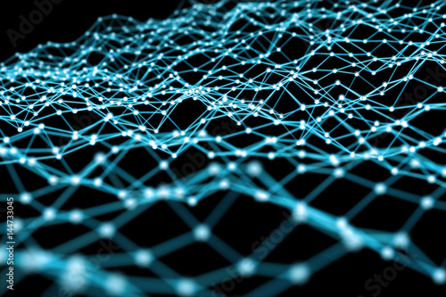 Floating white and blue dot network 3D rendering