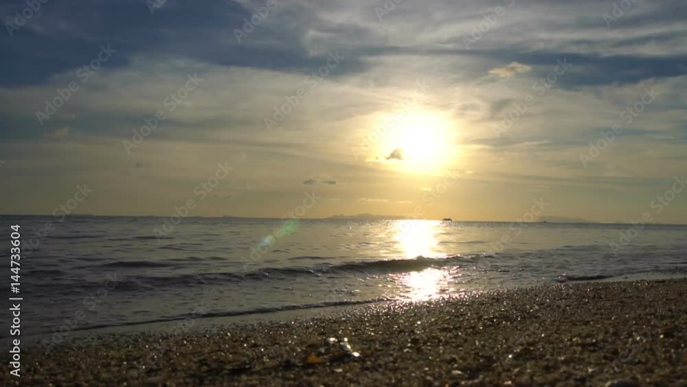 Sea Beach with Waves at Sunset, slow motion Sea Beach with Waves at Sunset, slow motion