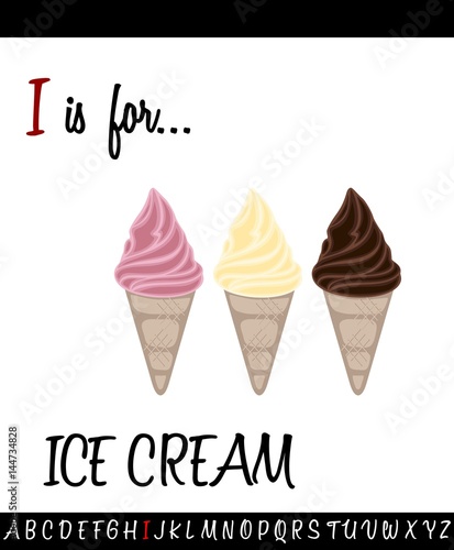 Illustrated vocabulary worksheet card with cartoon ICE CREAM