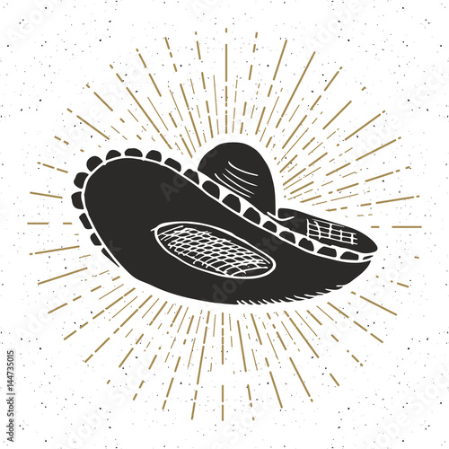Vintage label, Hand drawn sombrero mexican traditional hat sketch, grunge textured retro badge, emblem design, typography t-shirt print, vector illustration