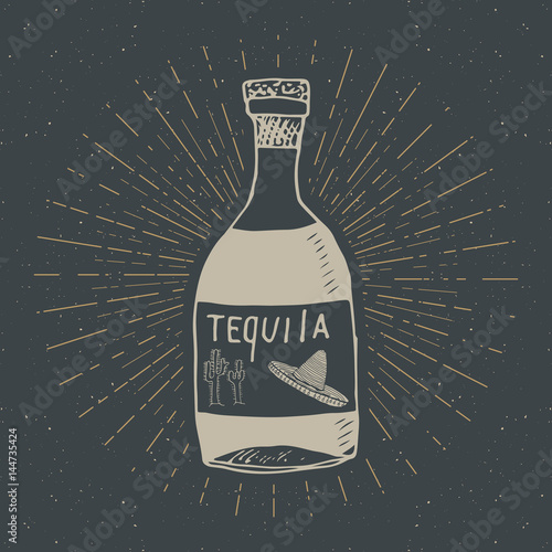Vintage label, Hand drawn bottle of tequila mexican traditional alcohol drink sketch, grunge textured retro badge, emblem design, typography t-shirt print, vector illustration