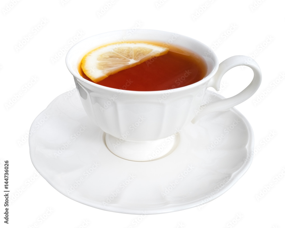 Hot earl grey tea with lemon slice isolated on white background, clipping path included Hot earl grey tea with lemon slice isolated on white background, clipping path included