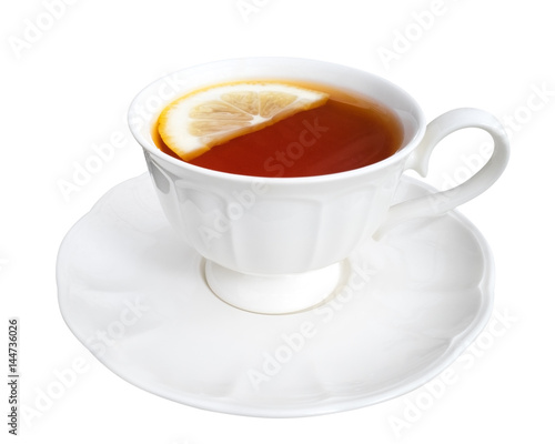 Hot earl grey tea with lemon slice isolated on white background, clipping path included