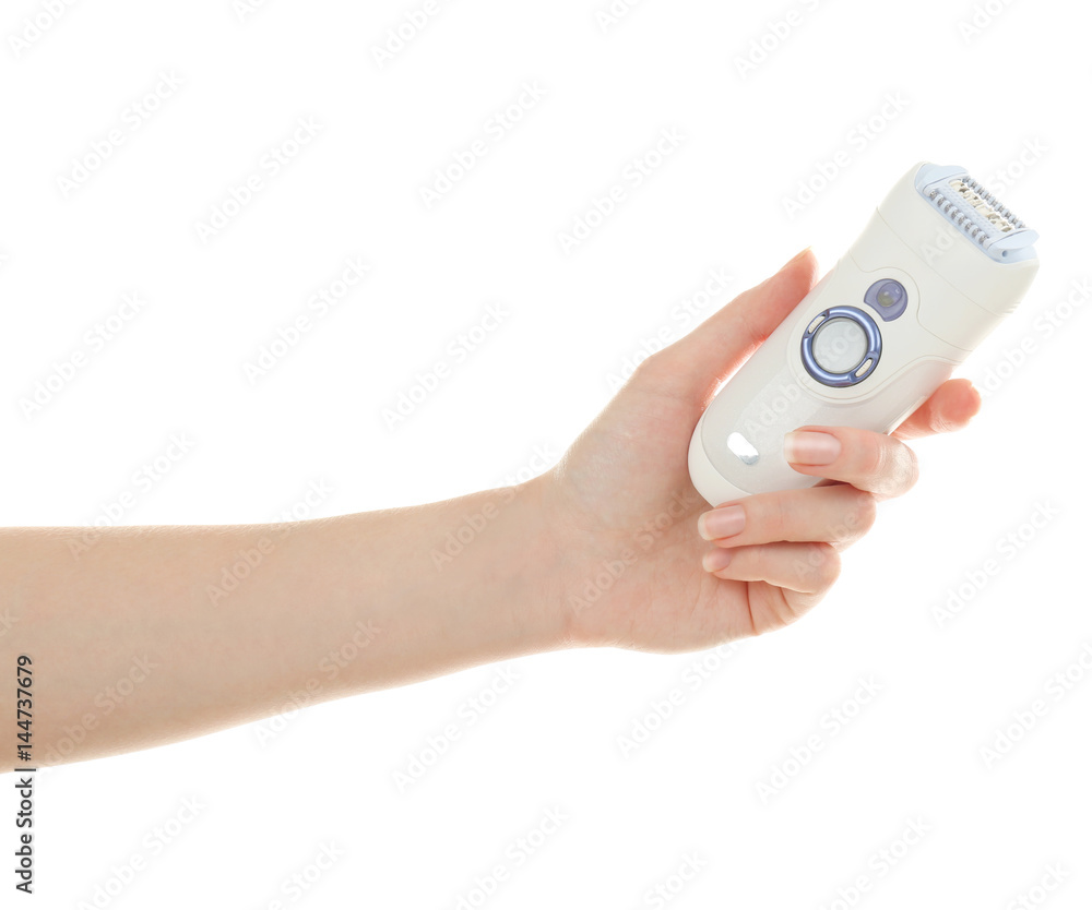 Female hand with epilator on white background Female hand with epilator on white background