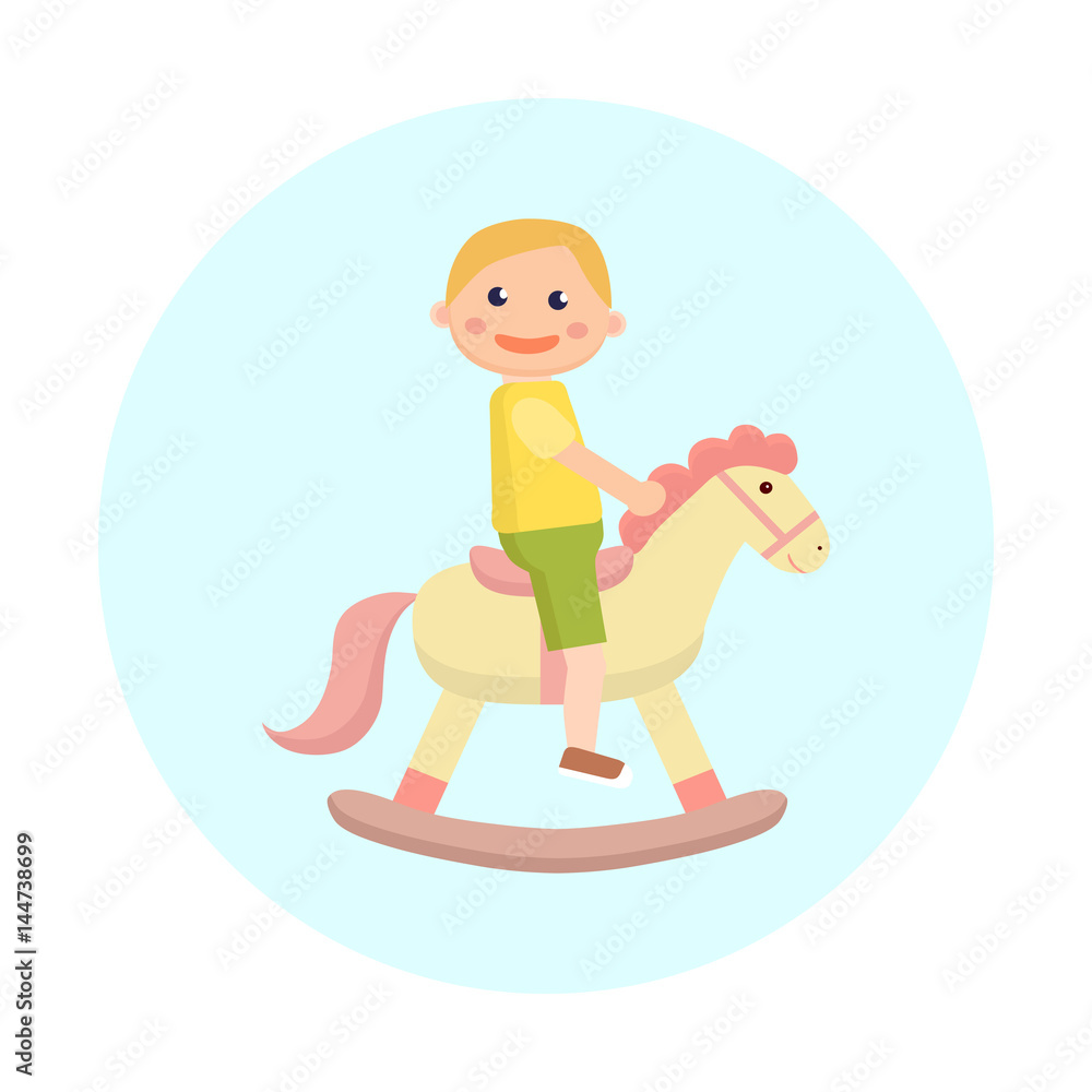 Boy riding a horse toy. Flat design. Boy riding a horse toy. Flat design.