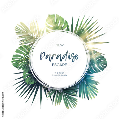 Green summer tropical background with exotic palm leaves and plants. Vector floral background.