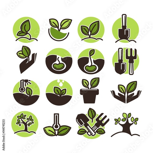 Tree planting and green gardening horticulture vector icons set