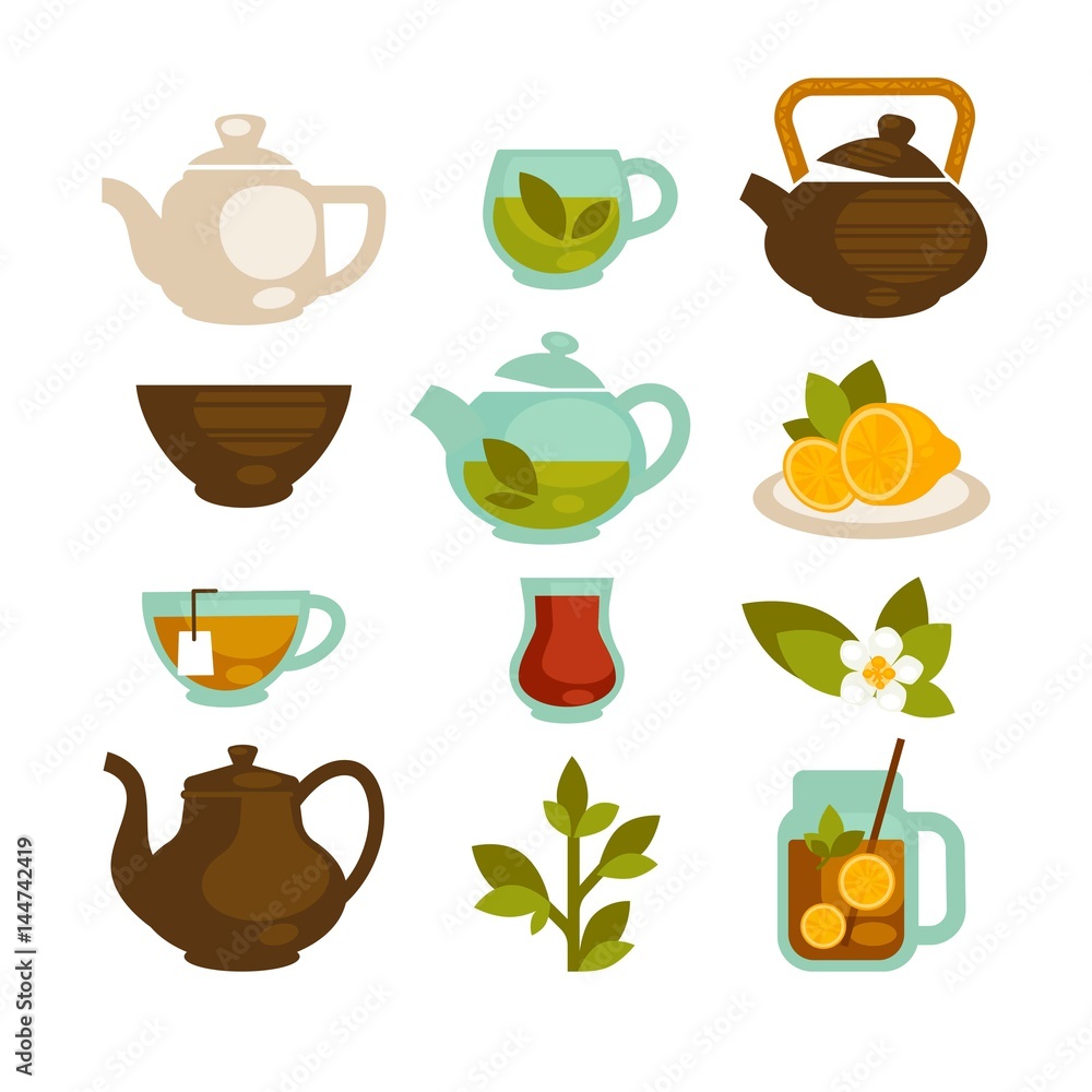 Tea cups, teapot and teabags vector icons set for menu