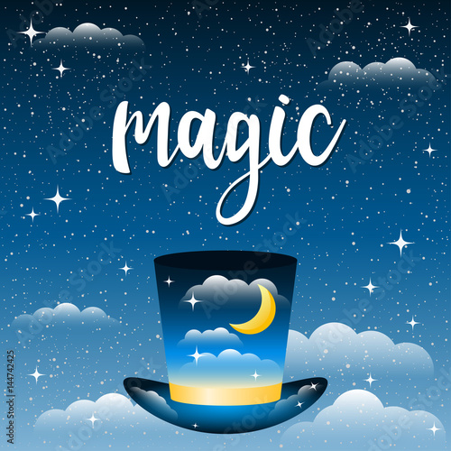Handwritten quote and magic hat floating in the night cosmic sky among the clouds.
