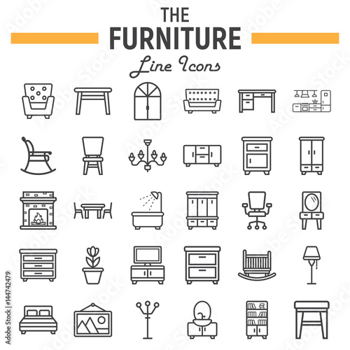 Furniture line icon set, interior symbols collection, vector sketches, logo illustrations, linear pictograms package isolated on white background, eps 10.