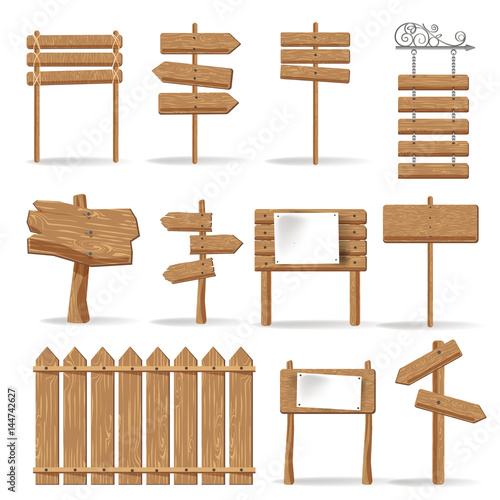 Wooden signages and direction signs vector icons set