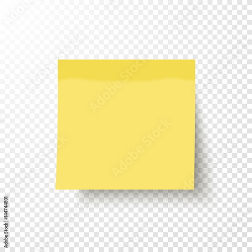 Yellow sticky note isolated on transparent background. Note post memo, label. Realistic template, mockup with shadow for your projects. Vector stock illustration. 