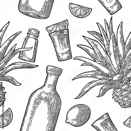 Seamless pattern of bottle, glass tequila, salt, cactus and lime