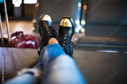 woman waiting boarding on aircraft in airport lounge © abelena