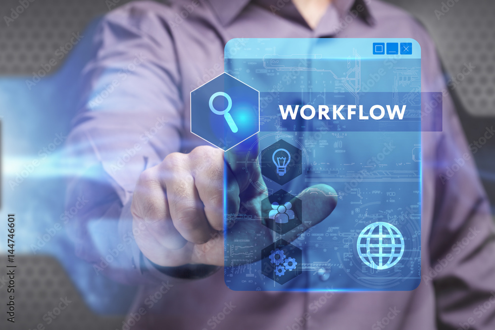 Obraz premium Business, Technology, Internet and network concept. Young businessman working on a virtual screen of the future and sees the inscription: Workflow