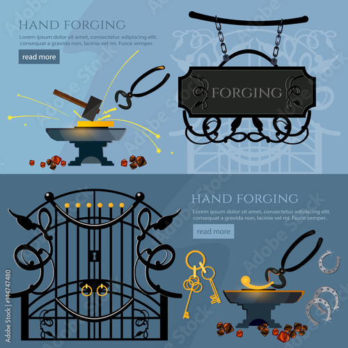 Forging on gland, creation of iron fencings and fences. Blacksmith hammer and anvil, work in smithy. Professional smith banner. Iron works concept