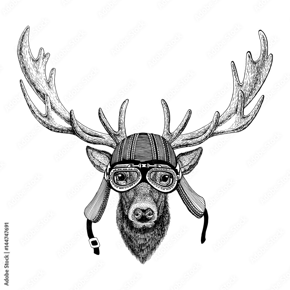 Fototapeta premium Deer Hand drawn image of animal wearing motorcycle helmet for t-shirt, tattoo, emblem, badge, logo, patch