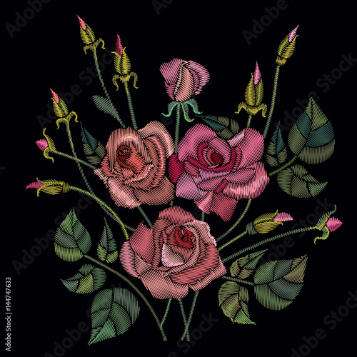 Classic style embroidery, beautiful roses flowers pattern vector. Roses embroidery on a black background