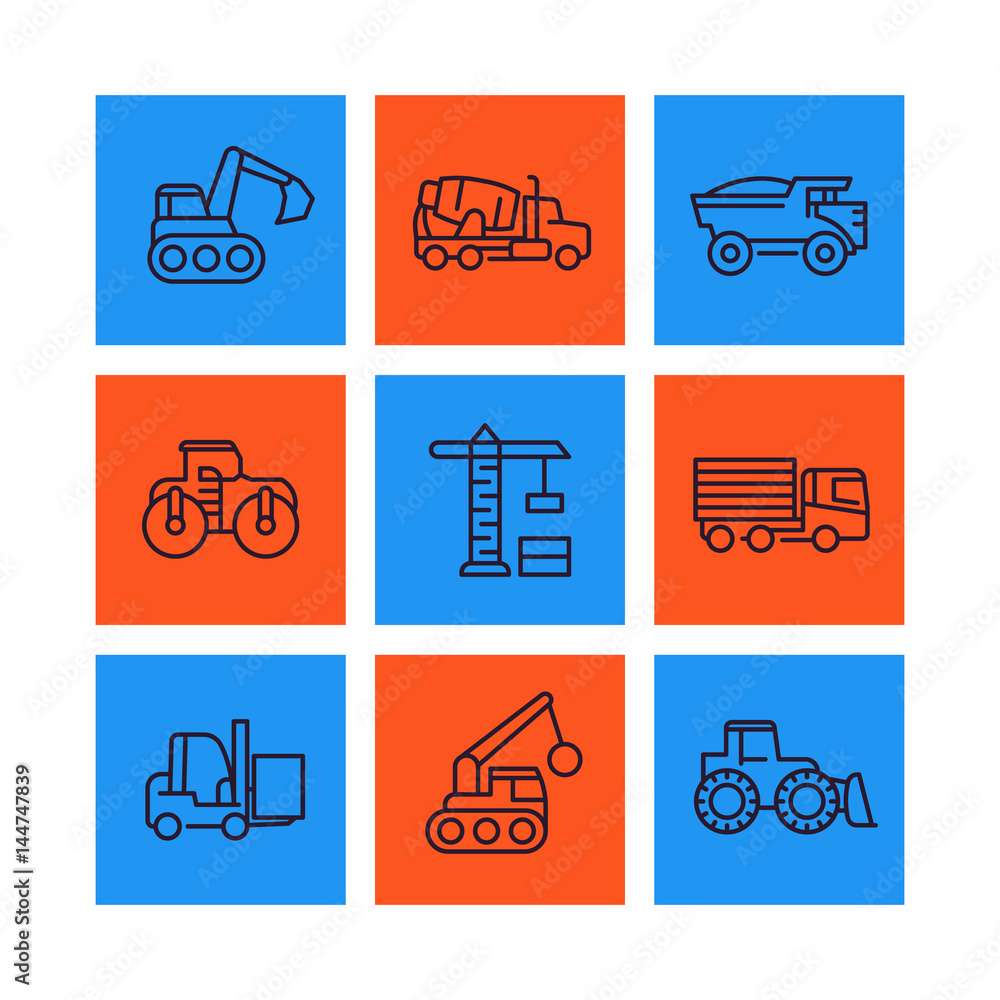 construction vehicles line icons set, heavy machines, digger, truck, excavator, loader vector signs