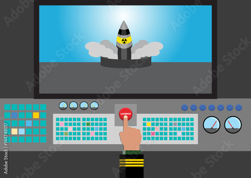 Simple cartoon concept illustration of a commander launch nuclear missile