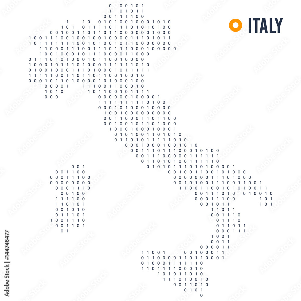 Binary code vector stylized map of Italy isolated on white background