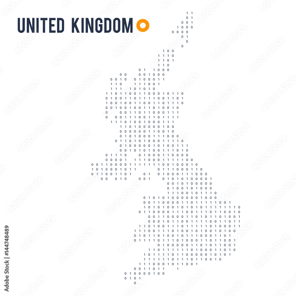 Binary code vector stylized map of United Kingdom isolated on white background