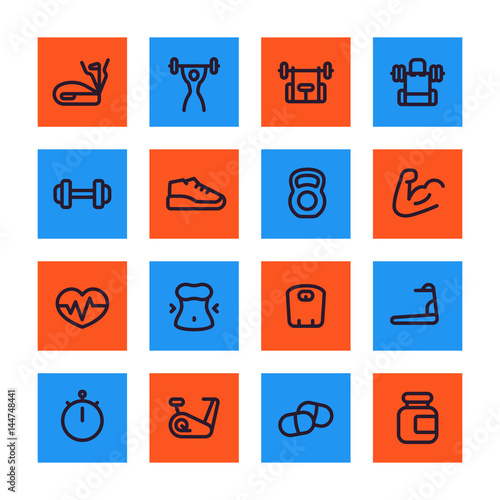 fitness and gym training line icons set, workout, bodybuilding, sport pictograms in squares on white