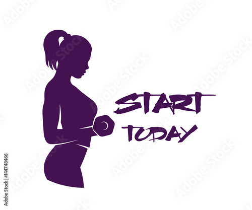 Fitness girl lifting dumbbell, logo for gym, t-shirt print with motivational quote