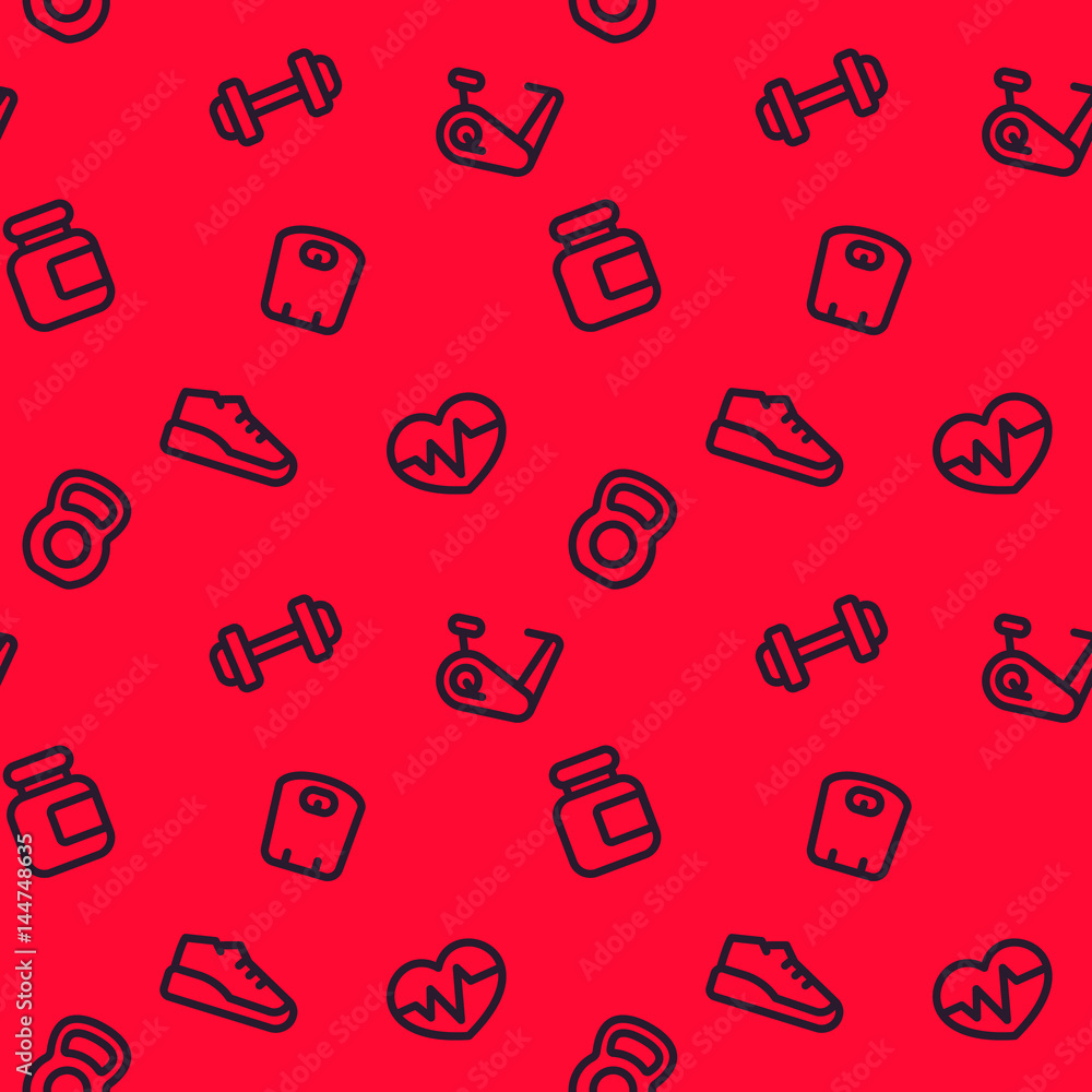 fitness pattern, seamless red background with linear gym icons