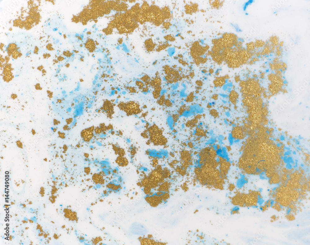 Blue, white and golden liquid texture. Watercolor hand drawn marbling illustration. Ink marble background.