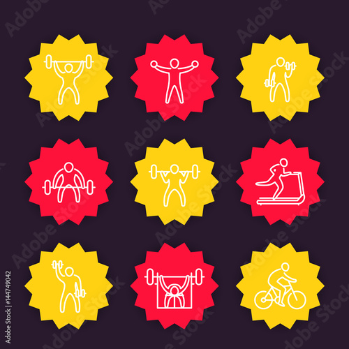Gym, fitness exercises line icons, training vector badges set