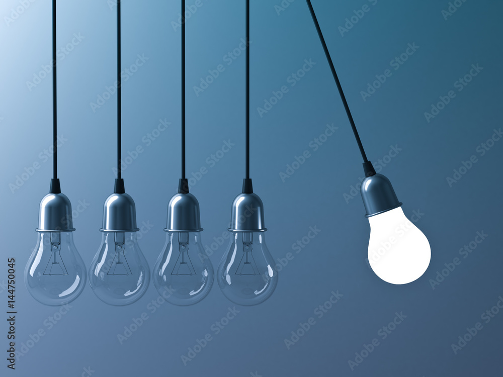 Naklejka premium One hanging light bulb glowing different and stand out from unlit incandescent bulbs like newtons cradle on dark cyan background, leadership and different business creative idea concept. 3D rendering.