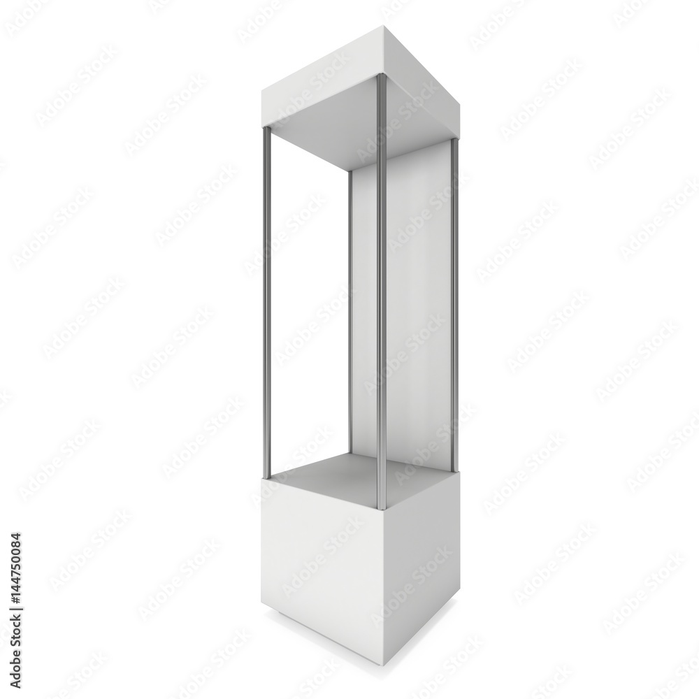 Empty showcase with for exhibit. 3D render illustration isolated on white background. Trade show booth blank pedestal for expo design. Empty showcase with for exhibit. 3D render illustration isolated on white background. Trade show booth blank pedestal for expo design.