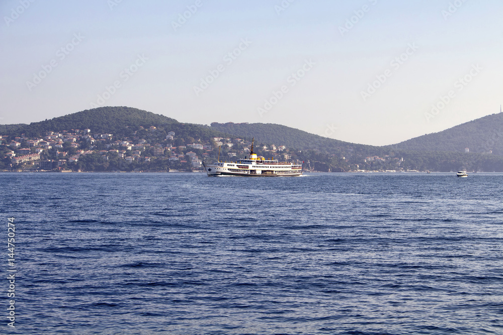 View of traditional public ferry with Prince islands in the background in Istanbul.