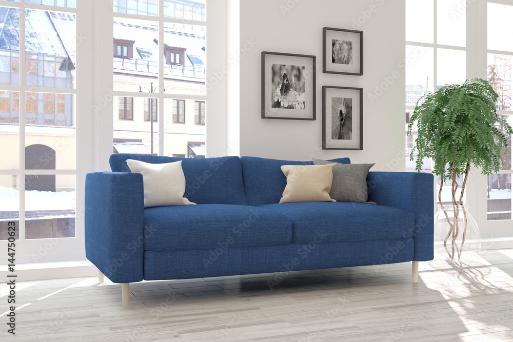 White room with sofa and urban landscape in window. Scandinavian interior design. 3D illustration White room with sofa and urban landscape in window. Scandinavian interior design. 3D illustration