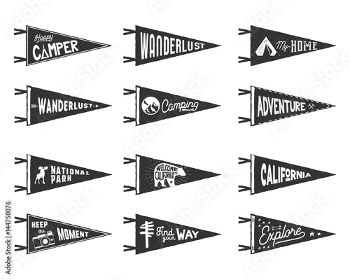 Set of adventure, surfing, camping pennants. Retro monochrome labels. Vintage hand drawn wanderlust style. Isolated on white background. Good for t shirt, mug, other identity. Vector illustration