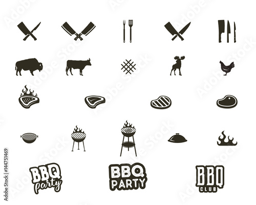 Vector Steak house and grill silhouette textured icons. Black shapes isolated on white background. Included grill equipment, tools, elements and typography signs - bbq party concept and other.