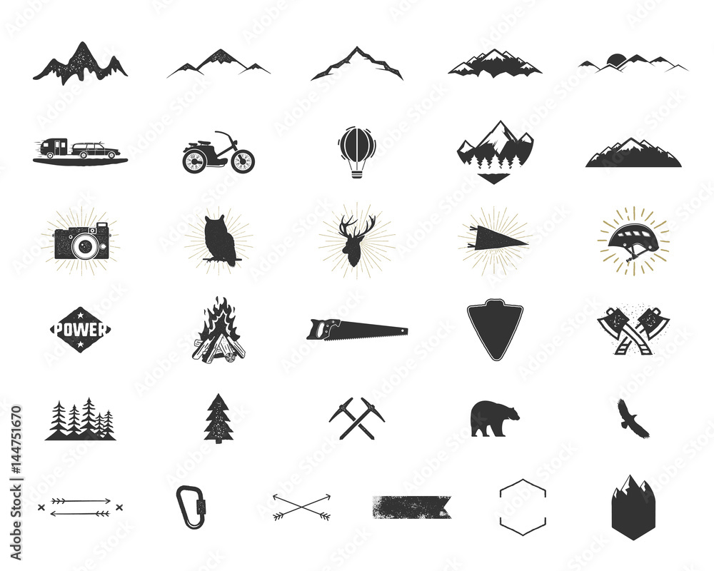 Fototapeta premium Outdoor adventure silhouette icons set. Climb and camping shapes collection. Simple black pictograms bundle. Use for creating logo, labels and other hiking, surf designs. Vector isolated on white.