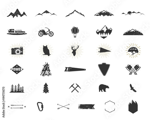 Outdoor adventure silhouette icons set. Climb and camping shapes collection. Simple black pictograms bundle. Use for creating logo  labels and other hiking  surf designs. Vector isolated on white.