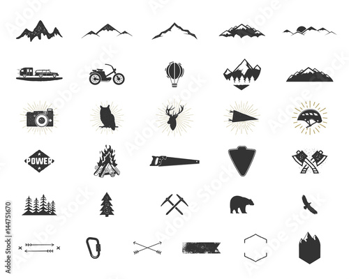 Outdoor adventure silhouette icons set. Climb and camping shapes collection. Simple black pictograms bundle. Use for creating logo, labels and other hiking, surf designs. Vector isolated on white.