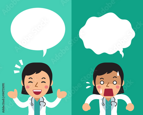 Cartoon female doctor expressing different emotions with speech bubbles