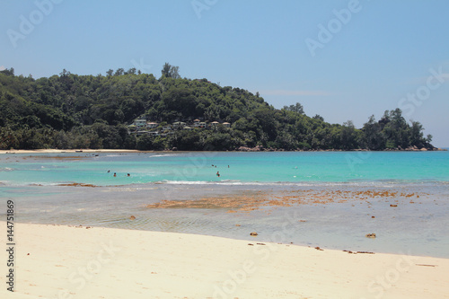 Sandy beach and zone of bathing. Baie Lazare, Mahe, Seychelles