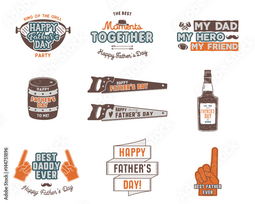 Fathers day badges, labels collection. Holiday stickers for t shirts and other identity. Retro color design. Vintage logotypes and insignias. Vector isolated on white background