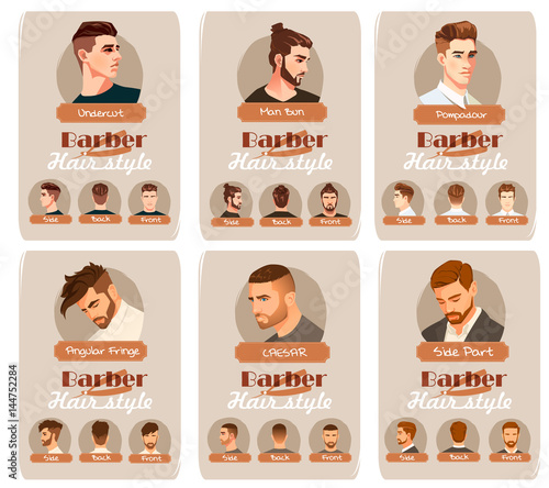 Men's haircut and hairstyle. Side part haircut. Pompadour, Undercut, Man Bun. Barber hairstyle. Front, side and back view