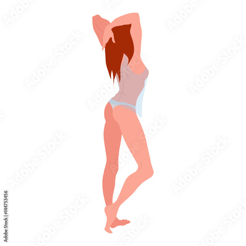 Tanned redhead naked girl in transparent clothes standing with her back in an erotic pose with a curved back. Picture of a sexy redhead girl in lingerie