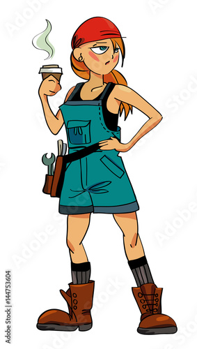Cartoon image of female worker with coffee mug. An artistic freehand picture.